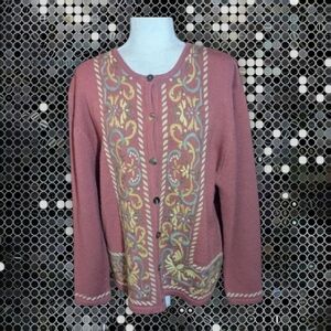 Vtg Susan Bristol Embroidered Dusty Rose/Cream/Sage Wool Cardigan Sweater Sz XL
